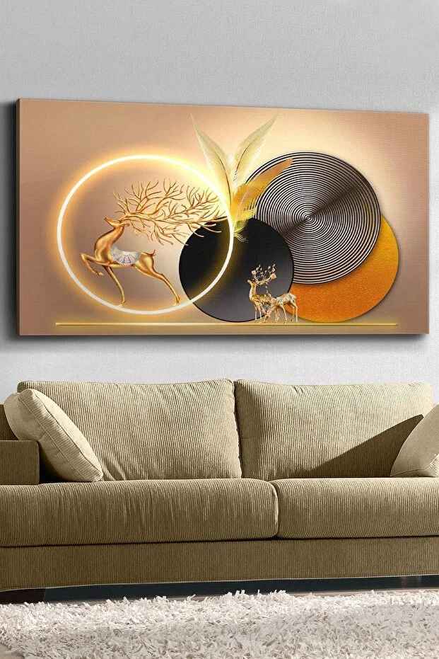 Gold Geyik Yuvarlak Desenler Tek Parça Işıksız Kanvas - Canvas Tablo